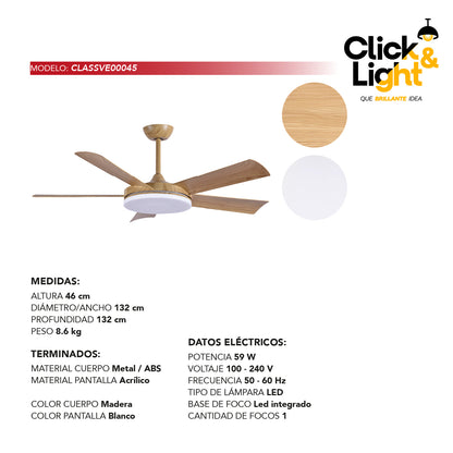 Vista técnica con medidas (45 cm alto x 132 cm diámetro) del ventilador Airelia