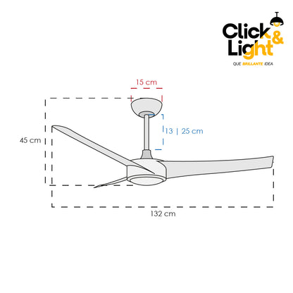 Vista isométrica del ventilador Airelia mostrando 3 aspas blancas