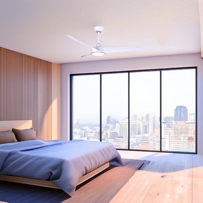 Ventilador Airelia en ambiente: sala blanca minimalista