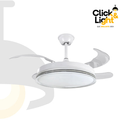 Ventilador Venturo vista frontal: 4 aspas blancas con difusor LED central