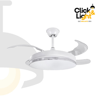 Ventilador Airtek vista frontal: estructura blanca con aspas blancas y difusor LED