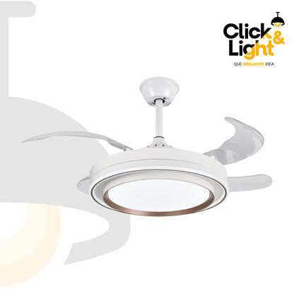 Ventilador Klyma vista frontal: estructura blanca con aspas blancas y difusor LED