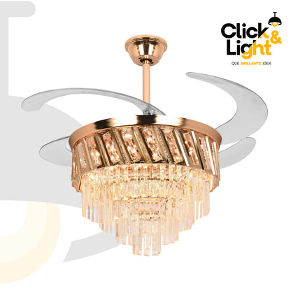 Ventilador LED Flow · aspas retráctiles, candil de cristal