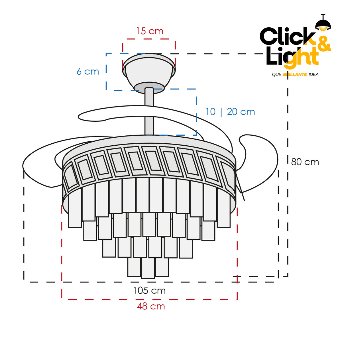 Ventilador LED Flow · aspas retráctiles, candil de cristal