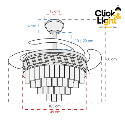 Ventilador LED Flow · aspas retráctiles, candil de cristal