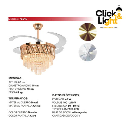 Ventilador LED Flow · aspas retráctiles, candil de cristal